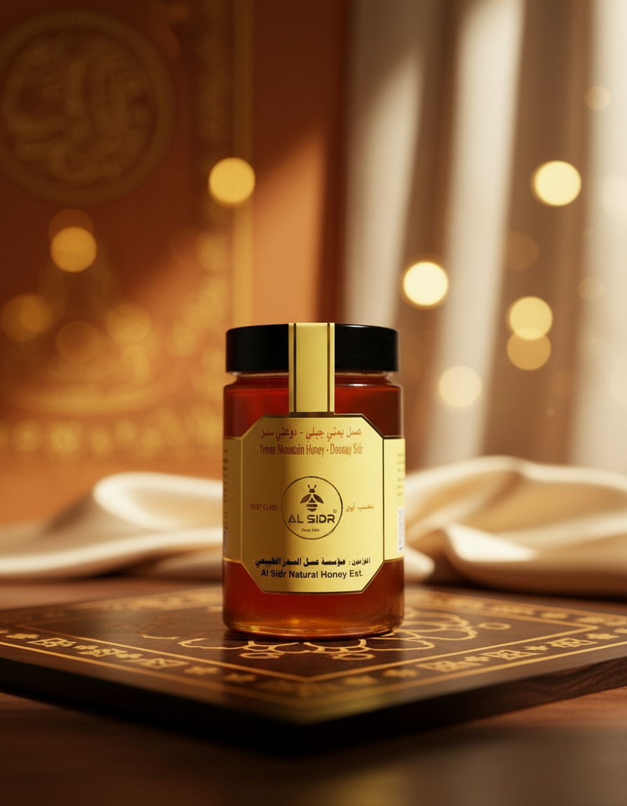 Jar of honey with a gold label on a wooden surface with a warm background