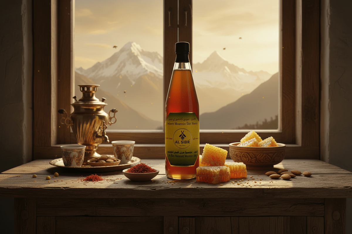 Kashmiri Sidr Mountain Honey lifestyle shot — premium raw Himalayan Sidr honey — عسل السدر الكشميري الجبلي الخام من جبال الهيمالايا