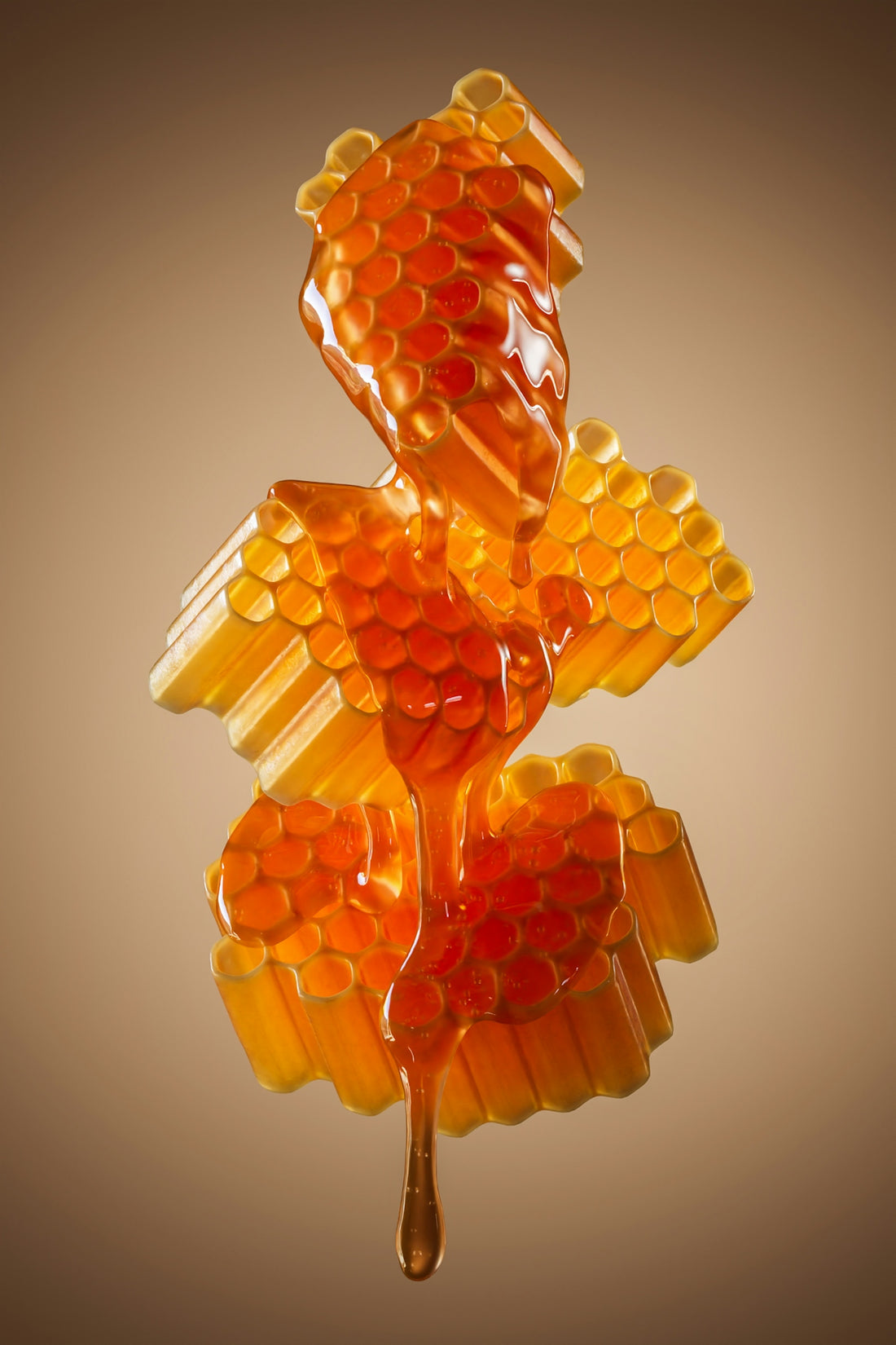 a honey dripping from a spoon onto a honeycomb