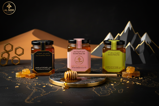 Sidr honey and Manuka honey comparison in AL SIDR black and amber editorial style
