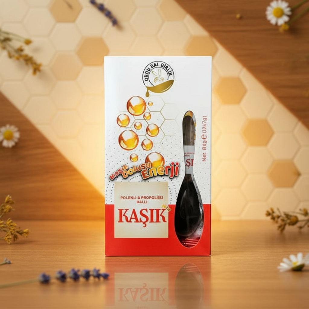 Kasik honey packaging with spoon on a white background