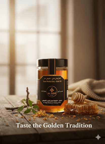 Jar of honey with a dipper on a wooden surface, featuring the brand 'Al Rida'.