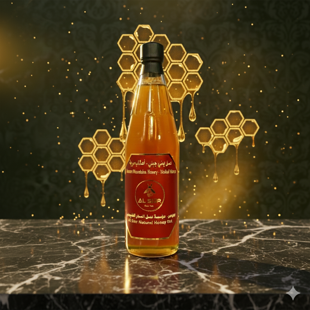 Bottle of honey with a decorative background featuring honeycomb designs.