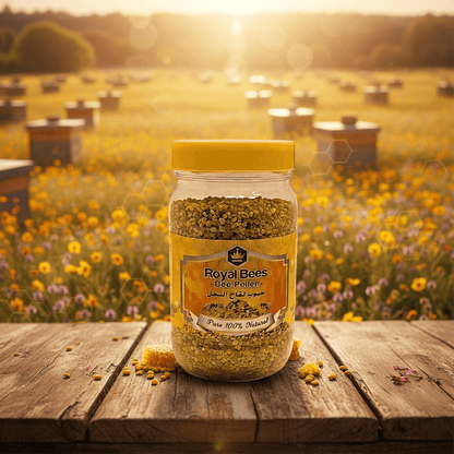 Bulgarian Bee Pollen 220g packaging — natural superfood, AL SIDR UAE — حبوب لقاح النحل البلغارية من الوادي الجبلي