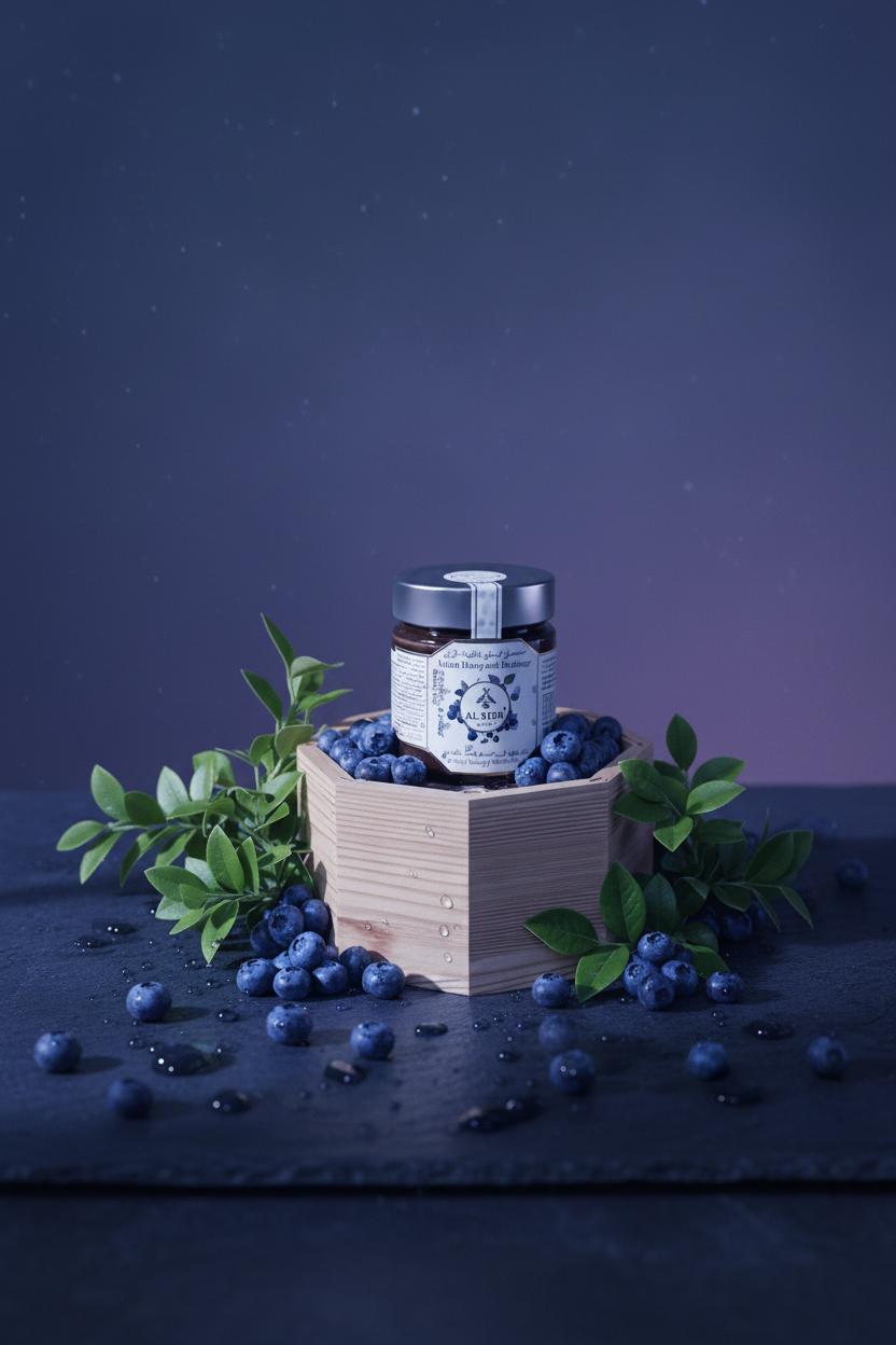 Fruity Honey Blueberry Midnight jar — raw honey with real blueberry flavour, AL SIDR — مجموعة عسل الفواكه: فراولة وتوت أزرق وأناناس وتوت العليق