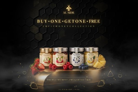Fruit Honey Collection — premium flavoured honey jars in dark luxury styling, AL SIDR UAE — مجموعة عسل الفواكه: فراولة وتوت أزرق وأناناس وتوت العليق