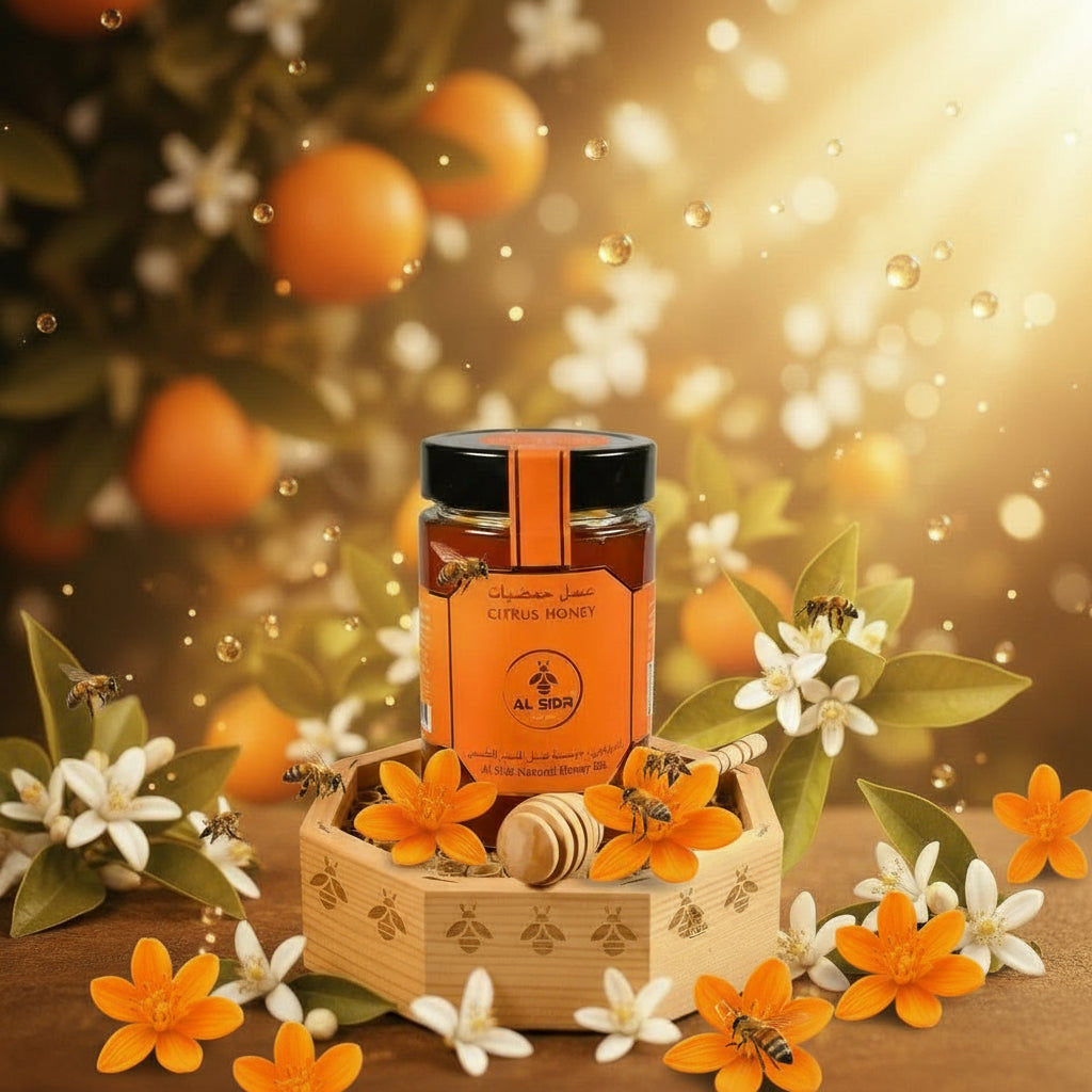 Jar of honey with oranges and flowers on a wooden surface
