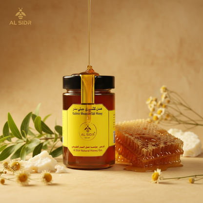 Kashmiri Sidr Honey 500g lifestyle shot — Himalayan wild raw Sidr honey, AL SIDR — عسل السدر الكشميري البري الخام من جبال الهيمالايا