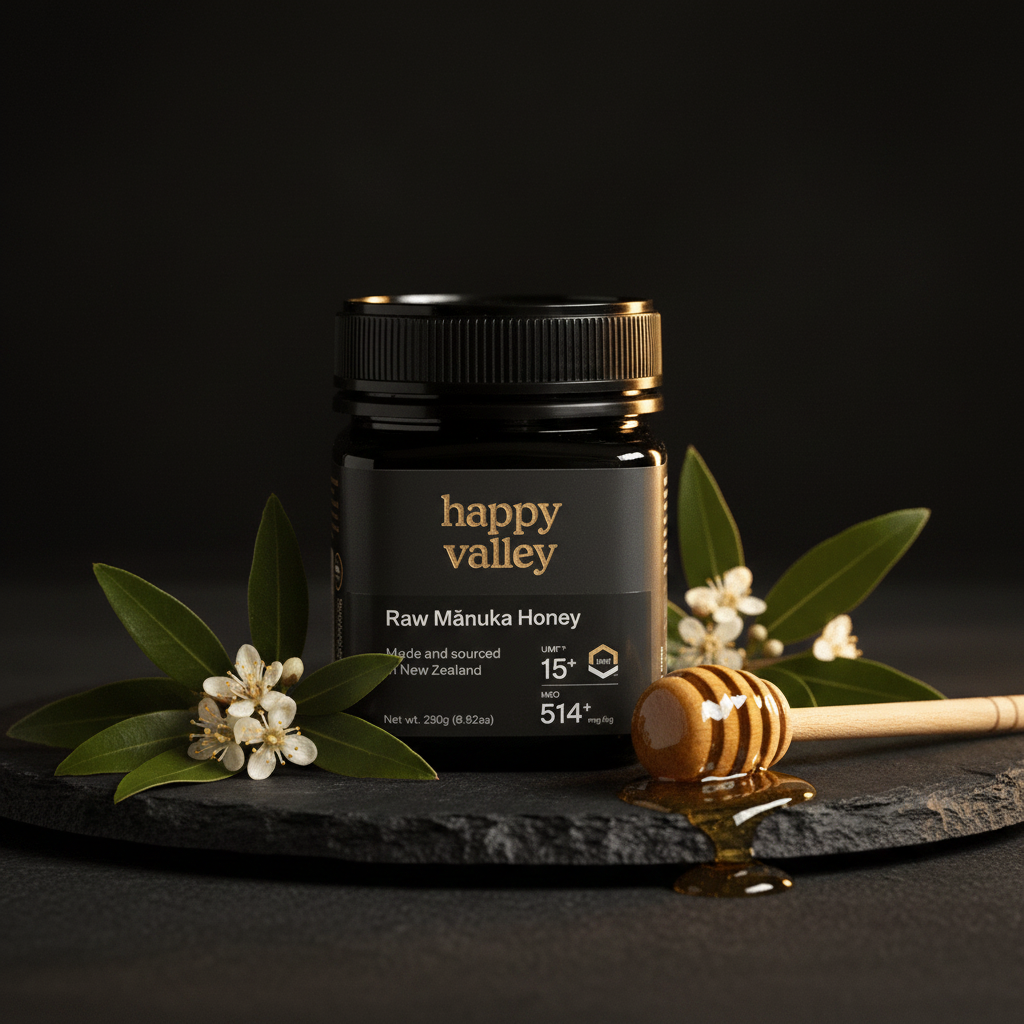 Manuka Honey UMF+15 — MGO 514+ New Zealand honey front label, AL SIDR UAE — عسل المانوكا UMF+15 درجة فائقة من نيوزيلندا