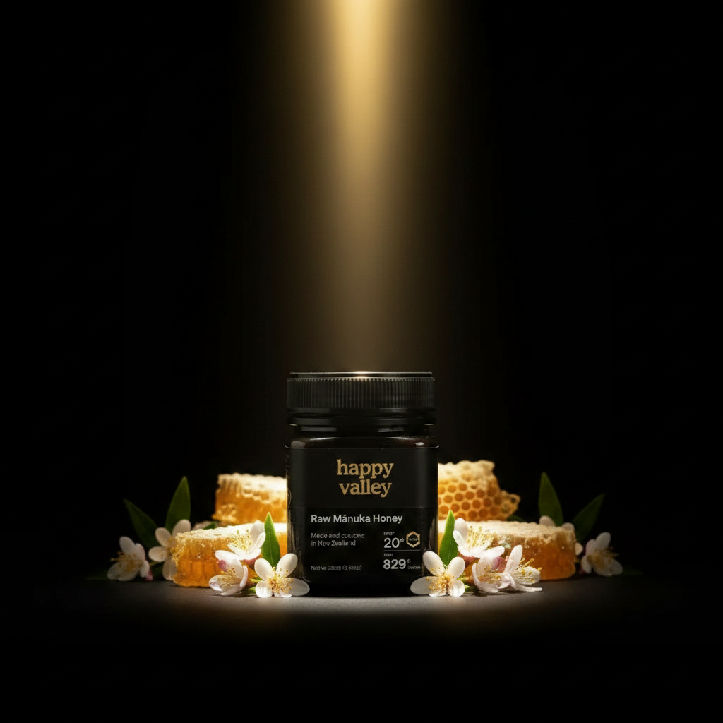 Manuka Honey UMF+20 — MGO 829+ premium New Zealand honey front label, AL SIDR — عسل المانوكا UMF+20 درجة ممتازة من نيوزيلندا
