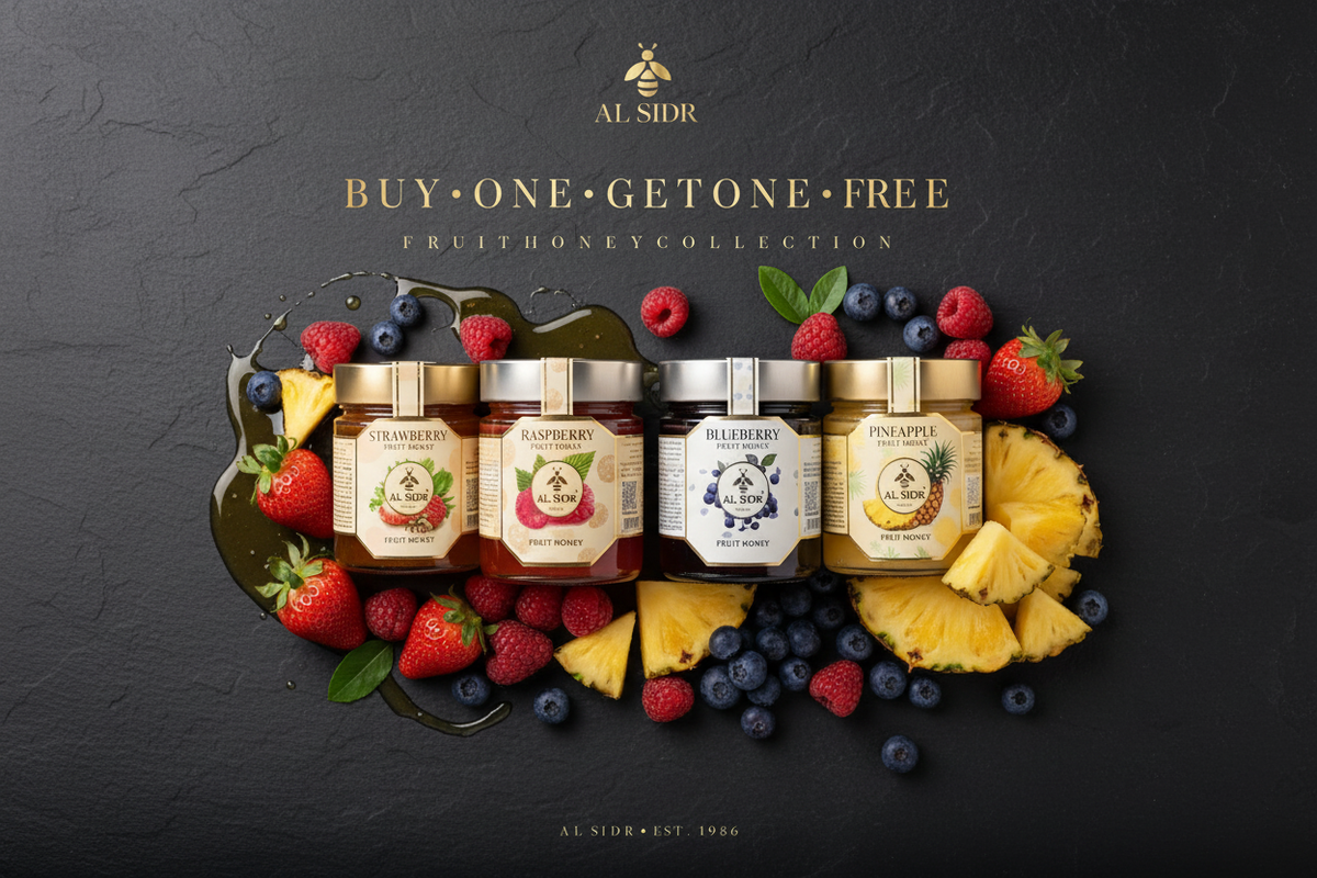 Fruit Honey Collection — natural fruit-flavoured honey lifestyle presentation, AL SIDR UAE — مجموعة عسل الفواكه: فراولة وتوت أزرق وأناناس وتوت العليق