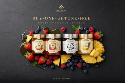 Fruit Honey Collection — natural fruit-flavoured honey lifestyle presentation, AL SIDR UAE — مجموعة عسل الفواكه: فراولة وتوت أزرق وأناناس وتوت العليق