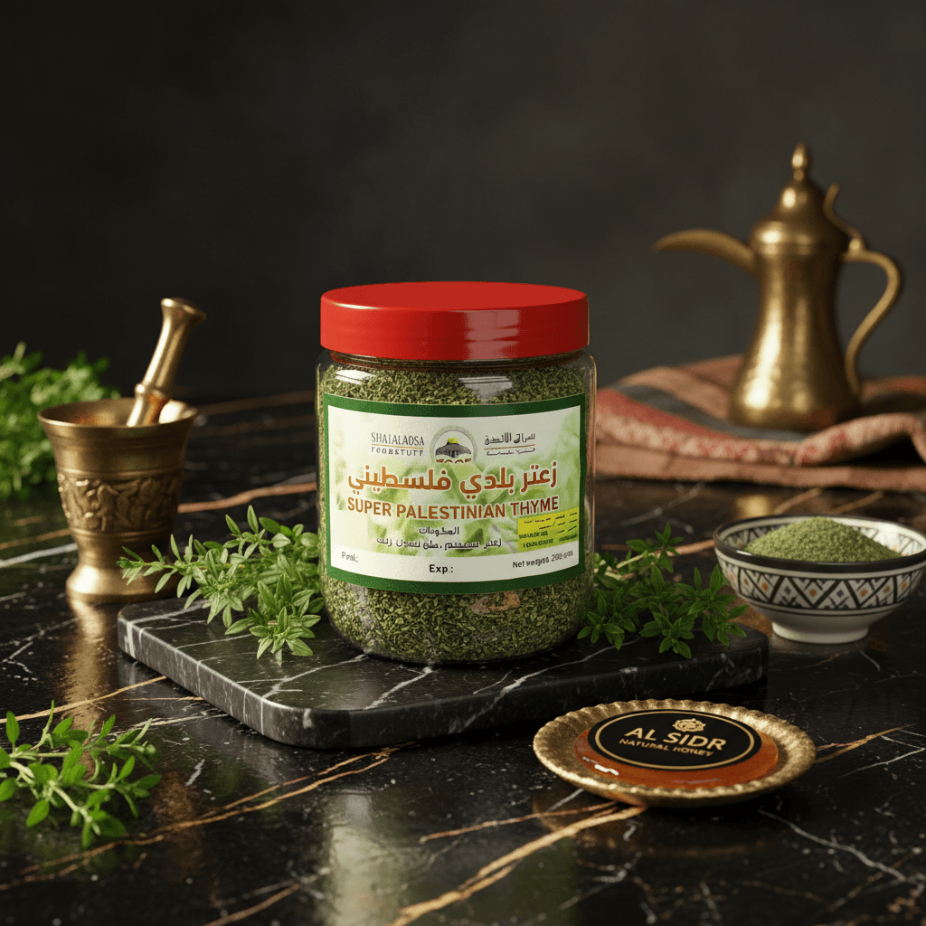Palestinian Za'atar 500g — authentic thyme blend lifestyle shot, AL SIDR UAE — زعتر فلسطيني أصلي من الأراضي المقدسة