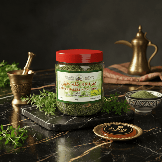 Palestinian Za'atar 500g — authentic thyme blend lifestyle shot, AL SIDR UAE — زعتر فلسطيني أصلي من الأراضي المقدسة