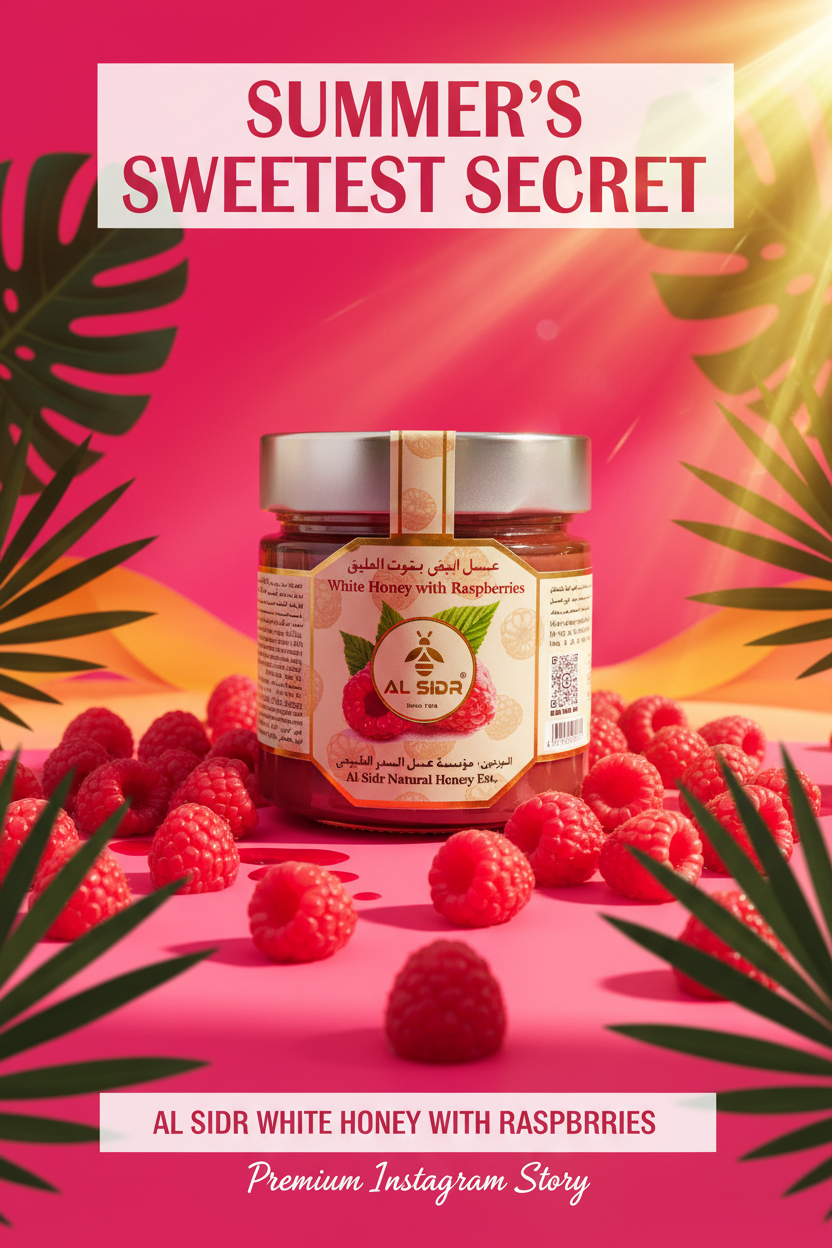 Fruity Honey Raspberry Sunny jar — raw honey with real raspberry flavour, AL SIDR — مجموعة عسل الفواكه: فراولة وتوت أزرق وأناناس وتوت العليق