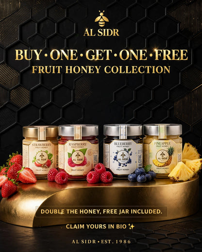Fruit Honey Collection — Blueberry, natural fruit-flavoured honey, AL SIDR UAE — مجموعة عسل الفواكه: فراولة وتوت أزرق وأناناس وتوت العليق