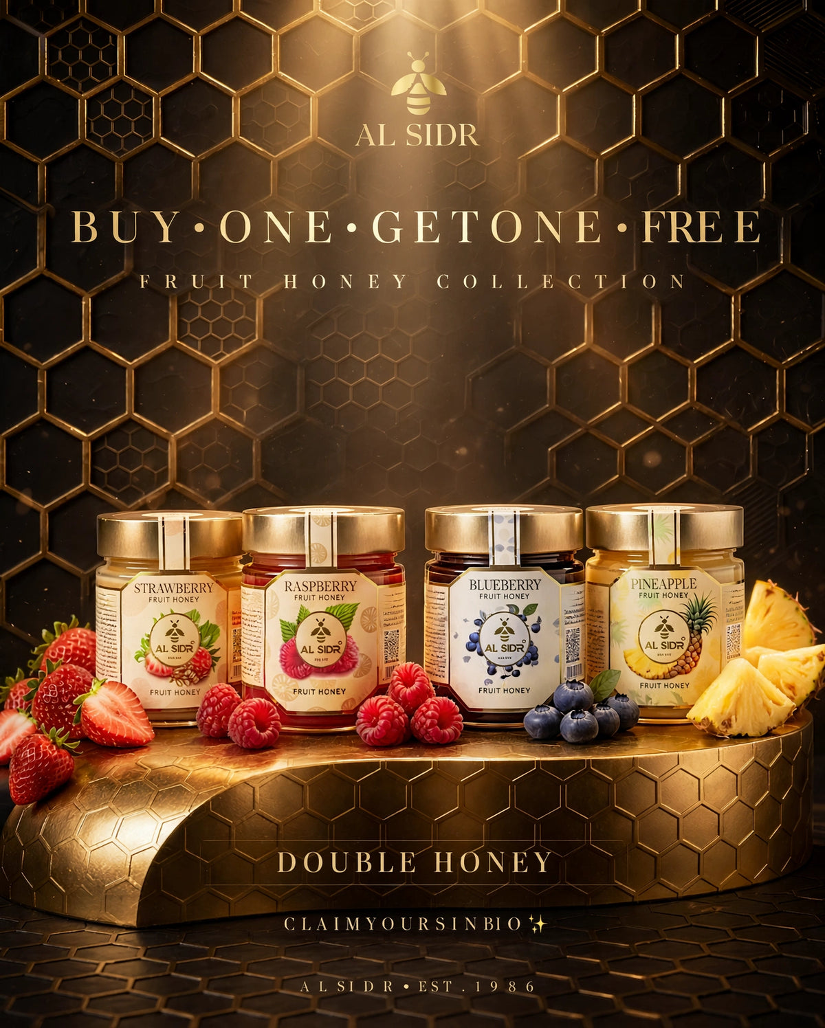 Fruit Honey Collection — Raspberry, natural fruit-flavoured honey, AL SIDR UAE — مجموعة عسل الفواكه: فراولة وتوت أزرق وأناناس وتوت العليق