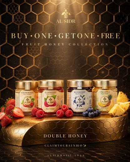 Fruit Honey Collection — Raspberry, natural fruit-flavoured honey, AL SIDR UAE — مجموعة عسل الفواكه: فراولة وتوت أزرق وأناناس وتوت العليق