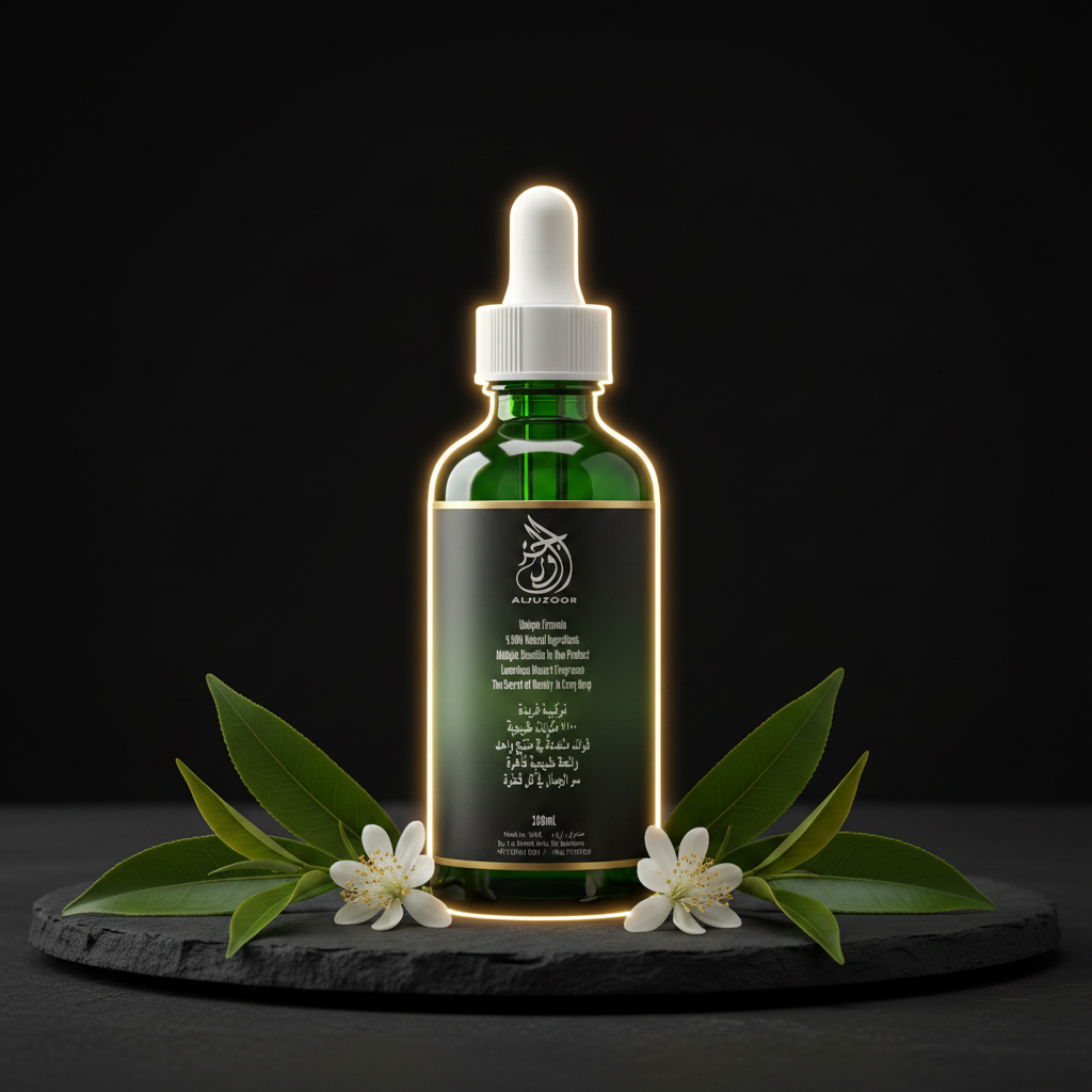 AL Juzoor Tea Tree Oil bottle front view — pure scalp and hair care, AL SIDR UAE — زيت شجرة الشاي من الجذور للعناية بفروة الرأس
