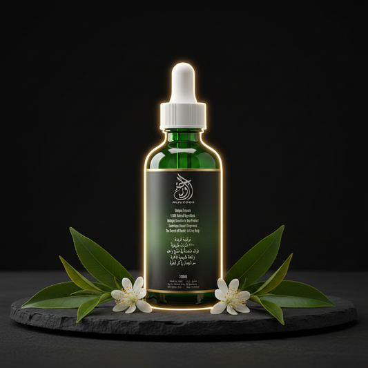 AL Juzoor Tea Tree Oil bottle front view — pure scalp and hair care, AL SIDR UAE — زيت شجرة الشاي من الجذور للعناية بفروة الرأس