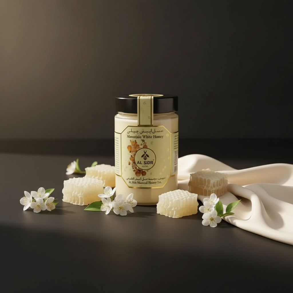 White Honey 500g front label — rare Kyrgyz creamed raw honey, AL SIDR UAE — العسل الأبيض القيرغيزي النادر المتبلور الخام